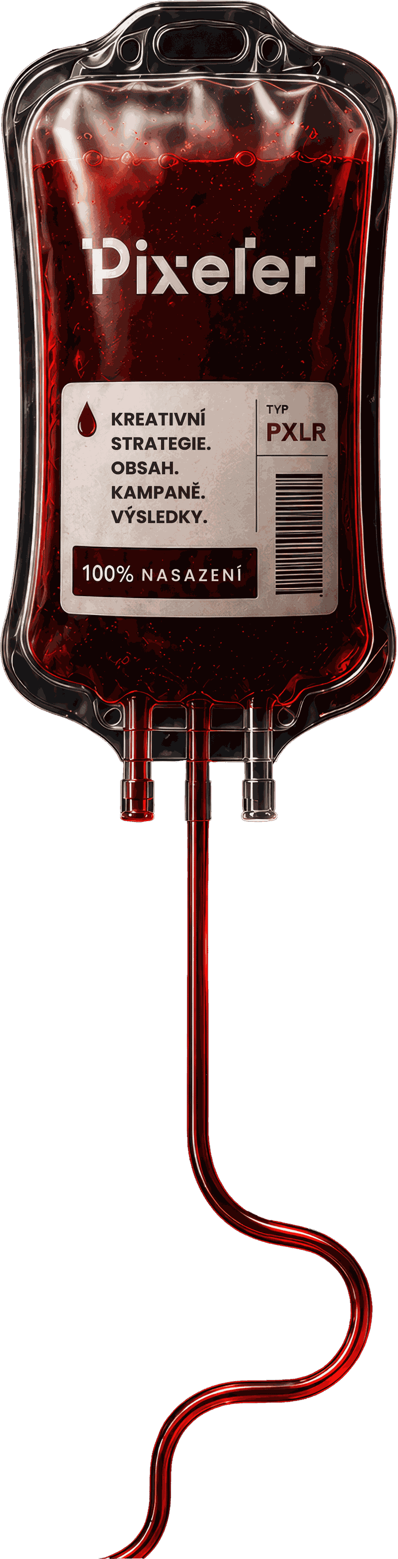 PXLR-branded blood bag with a long transfusion tube